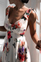 Print V-Neck Floor-Length Sleeveless Floral Women's Dress Ins street